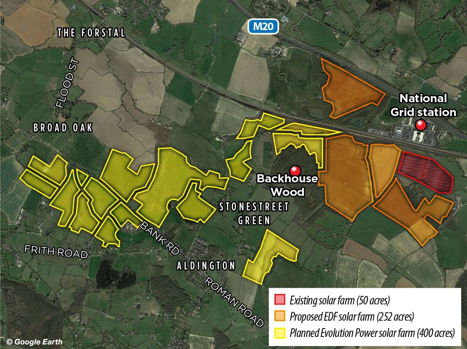 A map showing where the solar farm development in Aldington would be