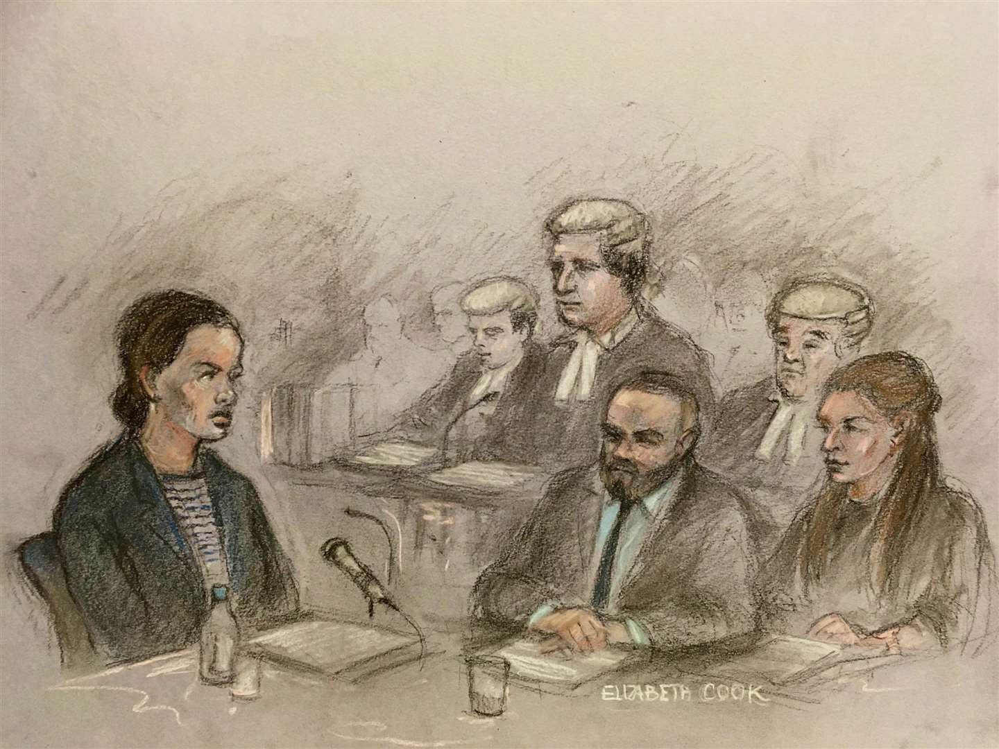 Court artist sketch of Rebekah Vardy (left) during her libel battle with Coleen Rooney (Elizabeth Cook/PA)