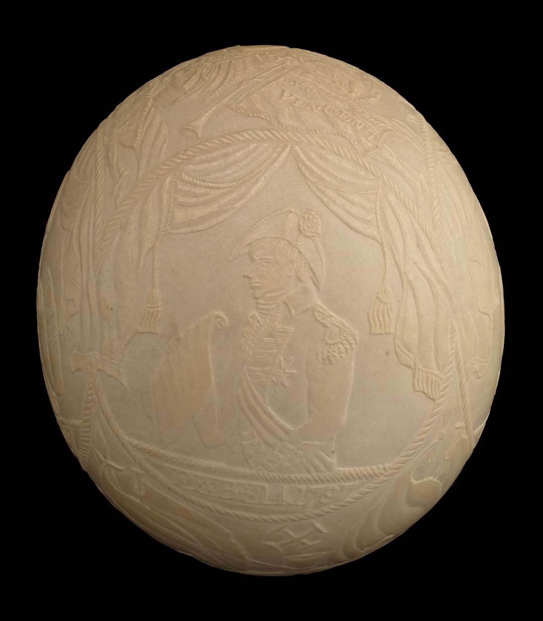 The finely carved Battle of Trafalgar ostrich egg depicting famous Royal Navy commanders is also being sold (Dominic Winter Auctioneers/PA)