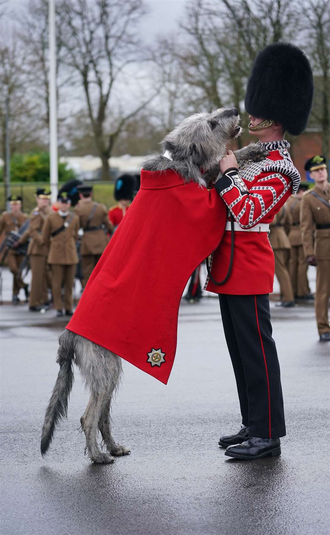 Mascot Seamus stood nose-to-nose with his handler, Drummer Ashley Dean (Yui Mok/PA)