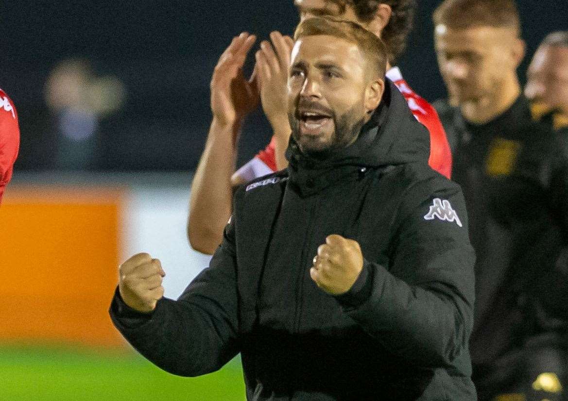 Faversham manager Sammy Moore celebrates at full-time. Picture: Ian Scammell