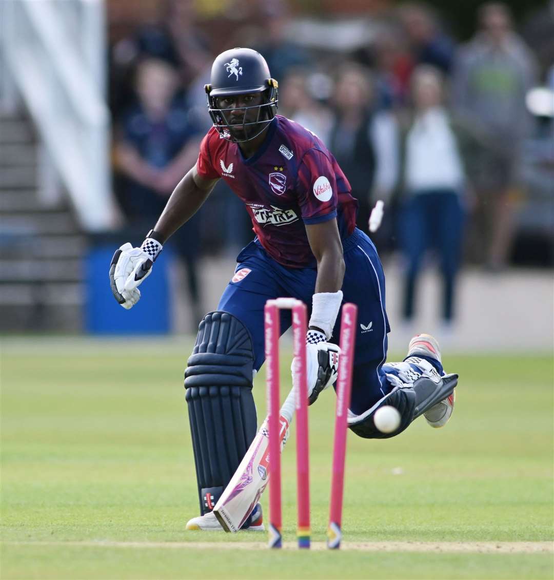 Tawanda Muyeye is run out during Kent's nine-wicket defeat against Gloucestershire when the sides met in the Vitality Blast at St Lawrence in June. Picture: Barry Goodwin