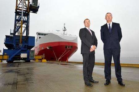 Lars Erikson, left, Chief Project Manager for Vestas and Paul Kavanagh, MD of Peel Ports, out on the docks at Sheerness, ahead of the community consultation about the proposed Vestas wind turbine factory on the site