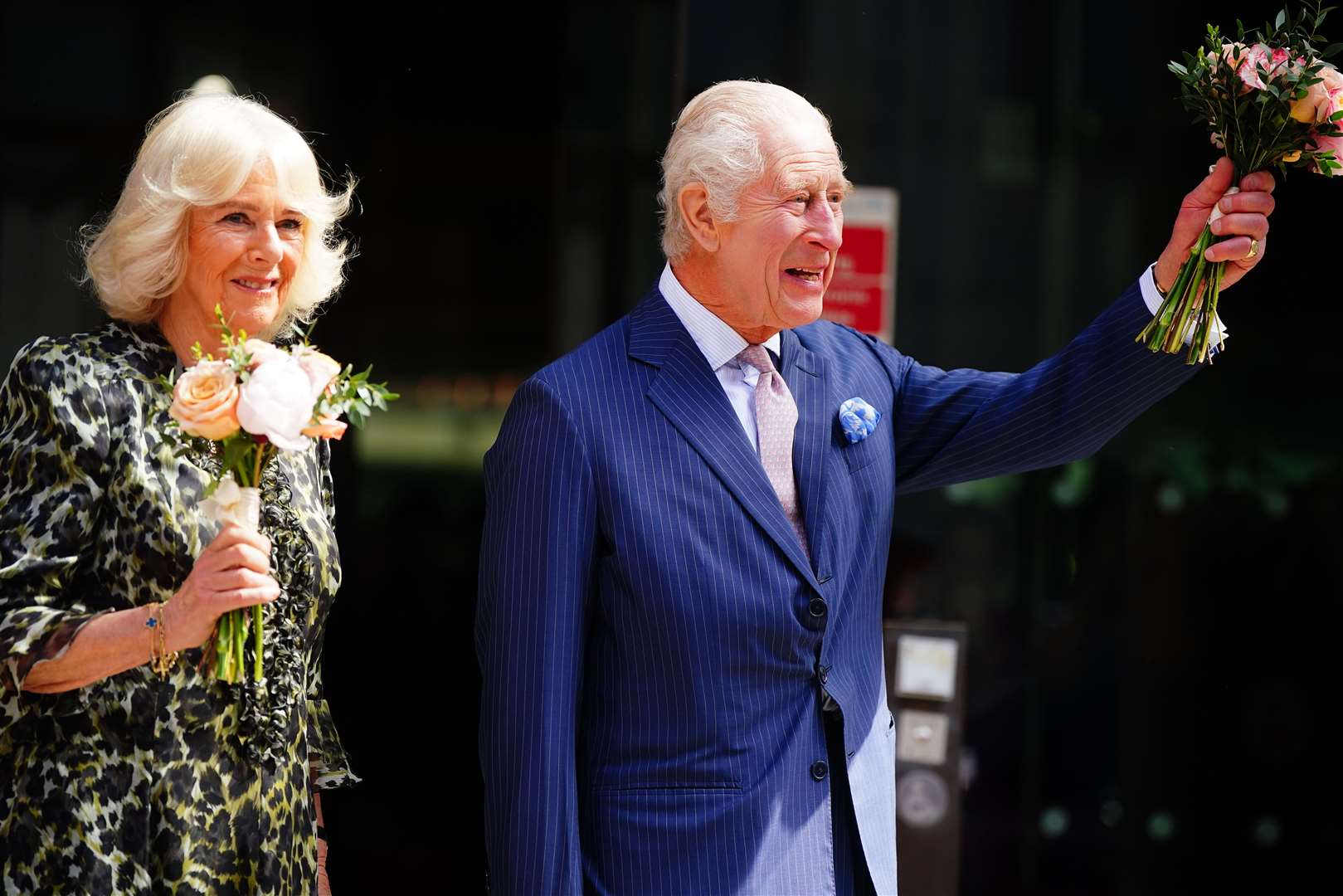 The King and Queen following a visit to University College Hospital Macmillan Cancer Centre in London in April (Victoria Jones/PA)