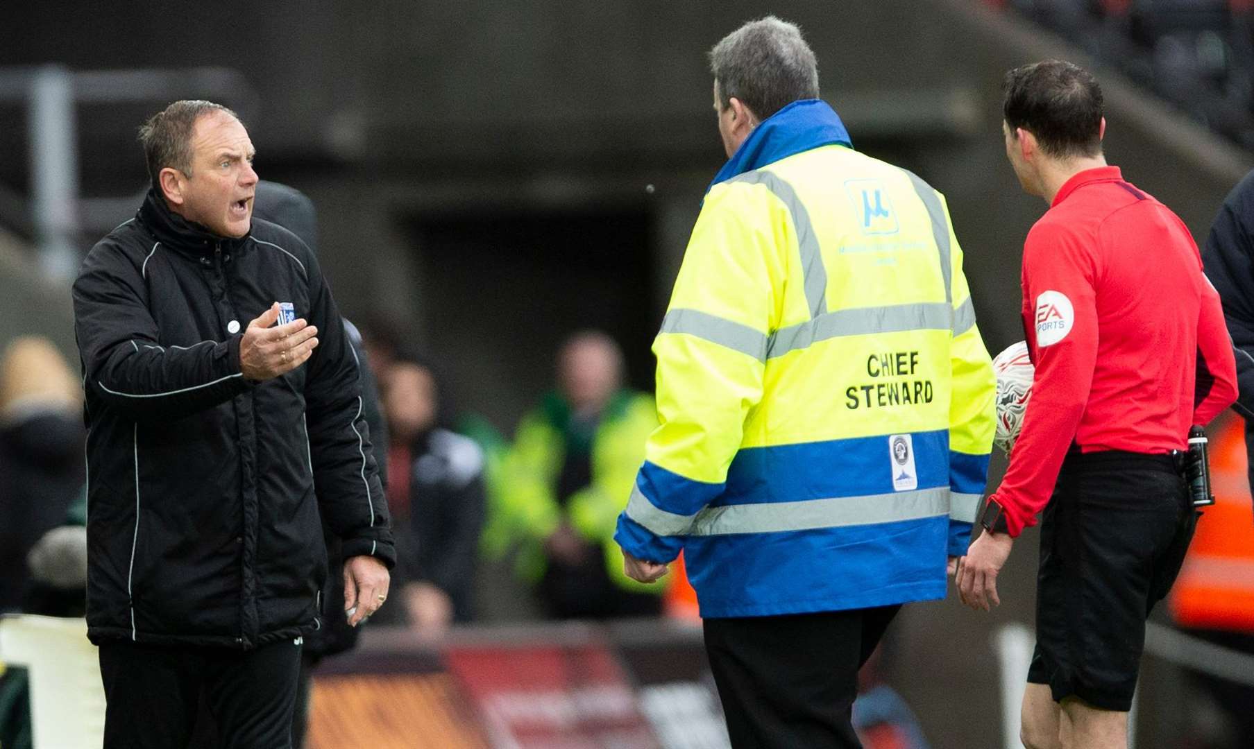 Gills boss Steve Lovell makes his point to the referee at half-time Picture: Ady Kerry