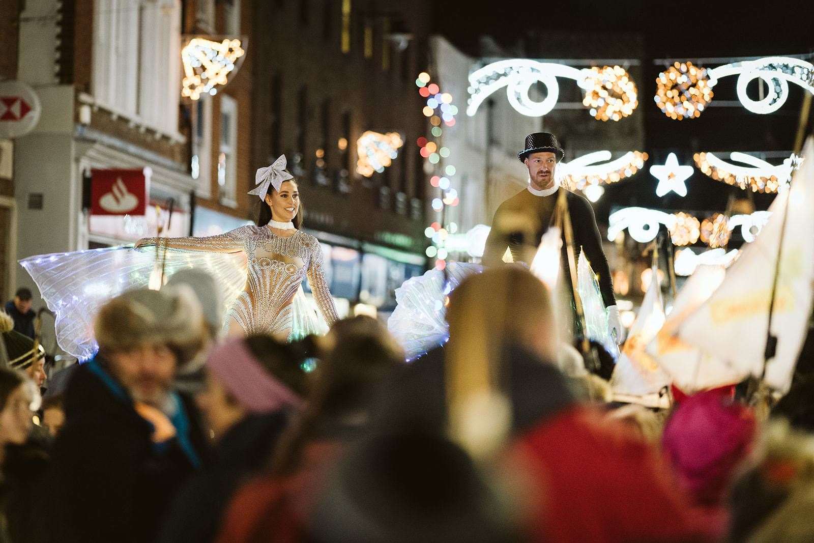 Fantasy themed stilt walkers performed in the town. Picture: Cohesion Plus