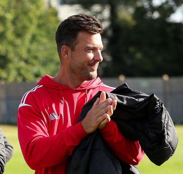 Boss Jamie Coyle - the 41-year-old former defender is reluctant to put his boots back on despite Whitstable’s depleted defensive options. Picture: Les Biggs