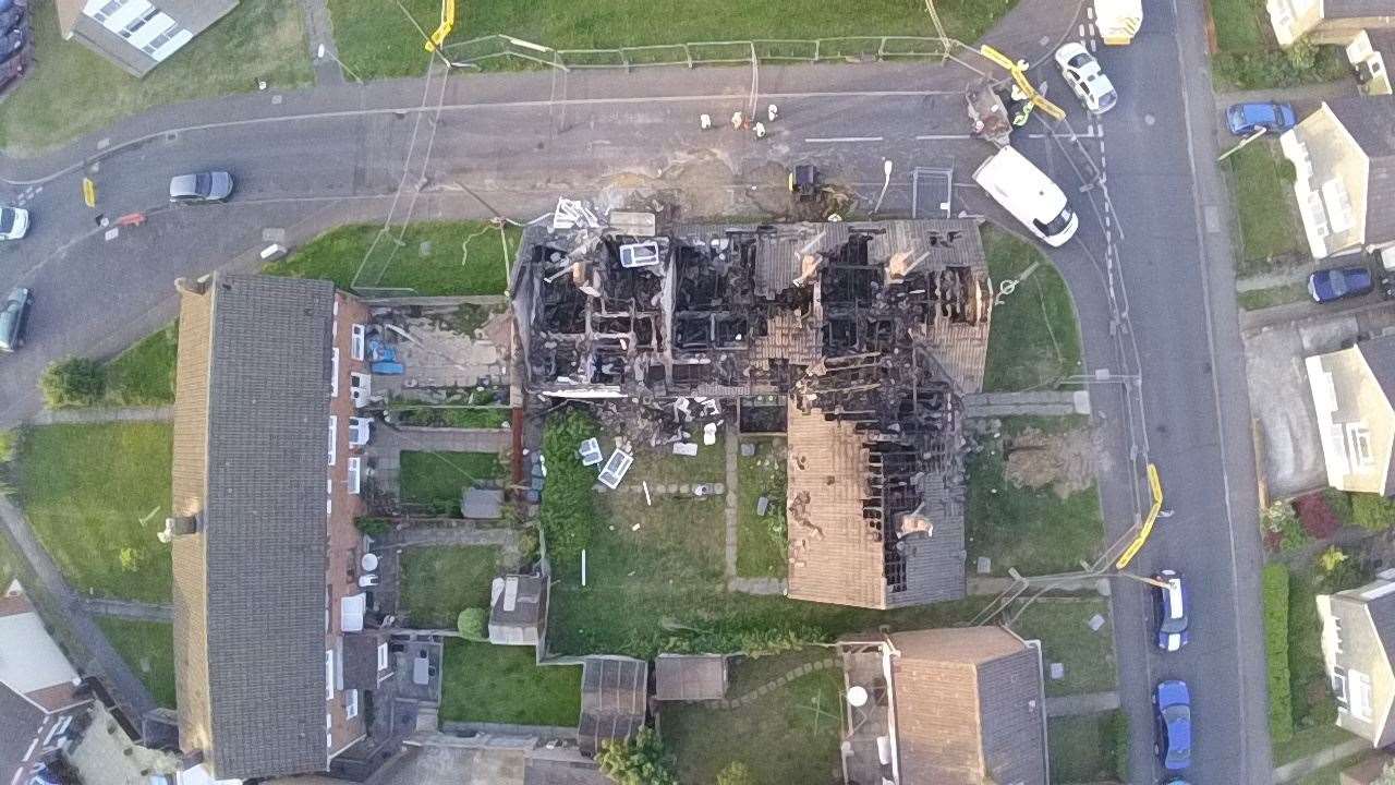 An aerial footage of the damage caused after a series of explosions at homes in Ashford. Picture: Lindsay Renton