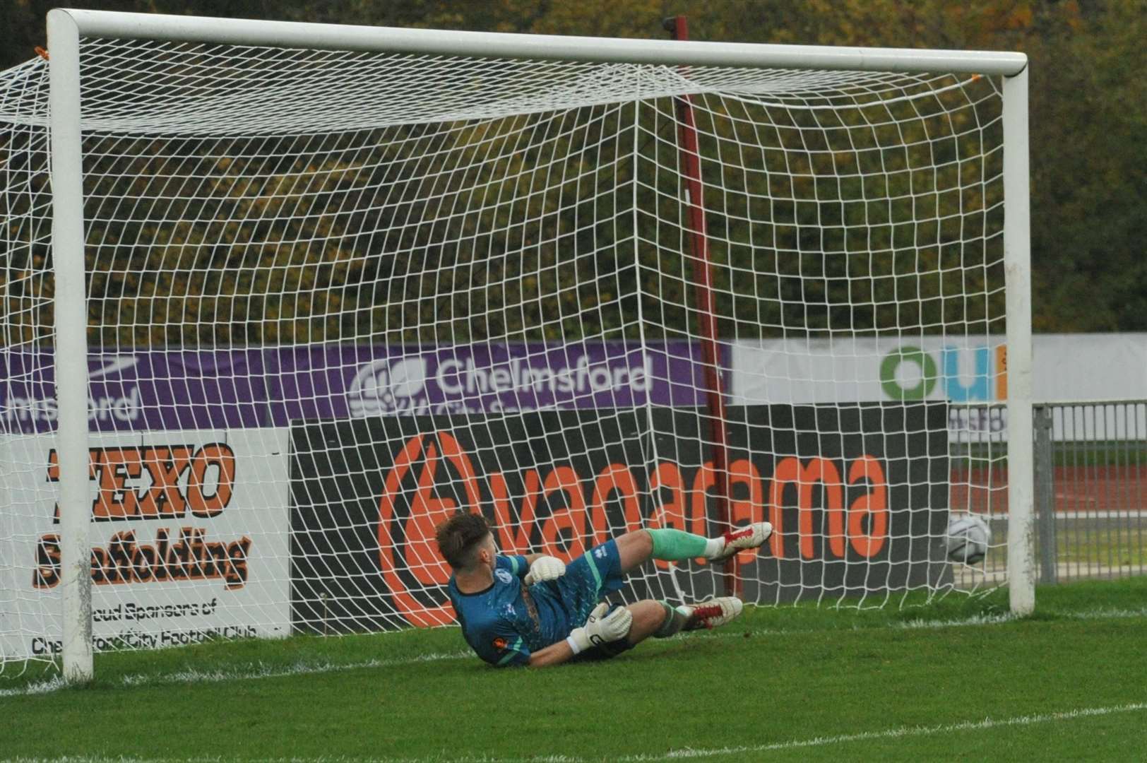 Scott Rendell's penalty goes wide of Lee Worgan's goal Picture: Steve Terrell