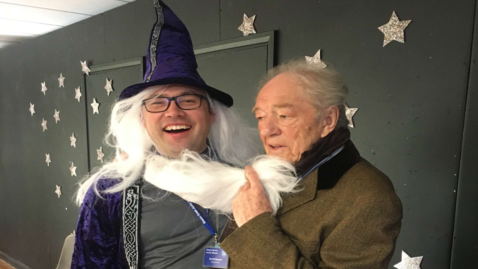 Deputy head Matt Paterson as Dumbledore with the man himself. Picture: Shears Green Junior School