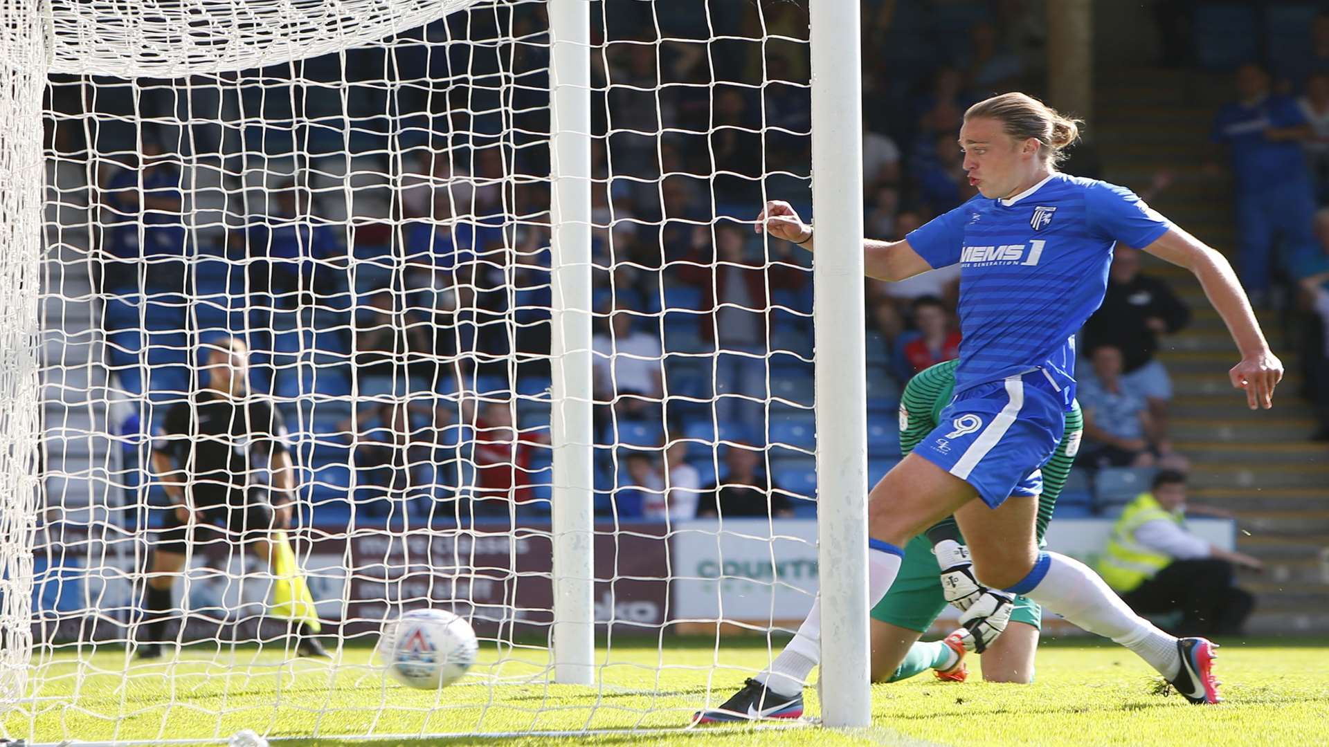 Eaves follows up his penalty to tap in for his hat-trick with 10 minutes left Picture: Andy Jones