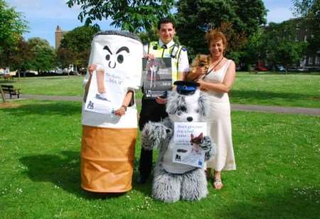 Cllr Shirley Tomlinson, holding four-legged friend Roxy, with Ramsgate PCSO Daniel Mimran, are joined by characters Stubby and Scrufft at the launch of the Drop It and Cop It campaign