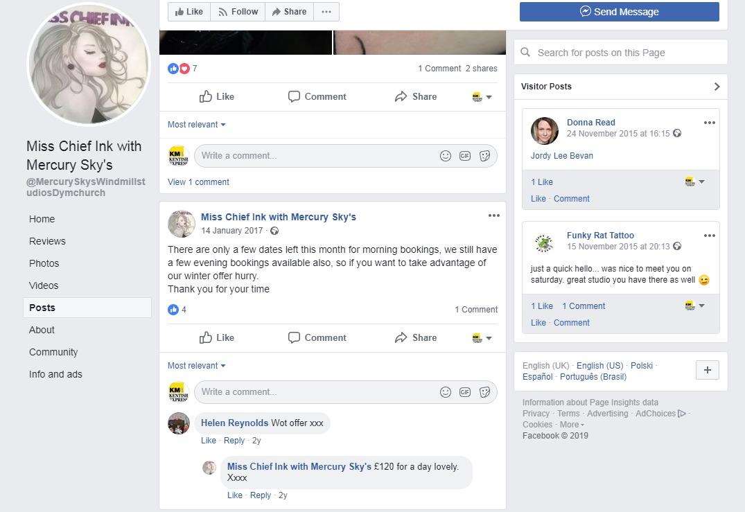 A post on the business' Facebook page - which features her artist nickname Mercury Sky - shows that Ms Barker was taking bookings and charging for work