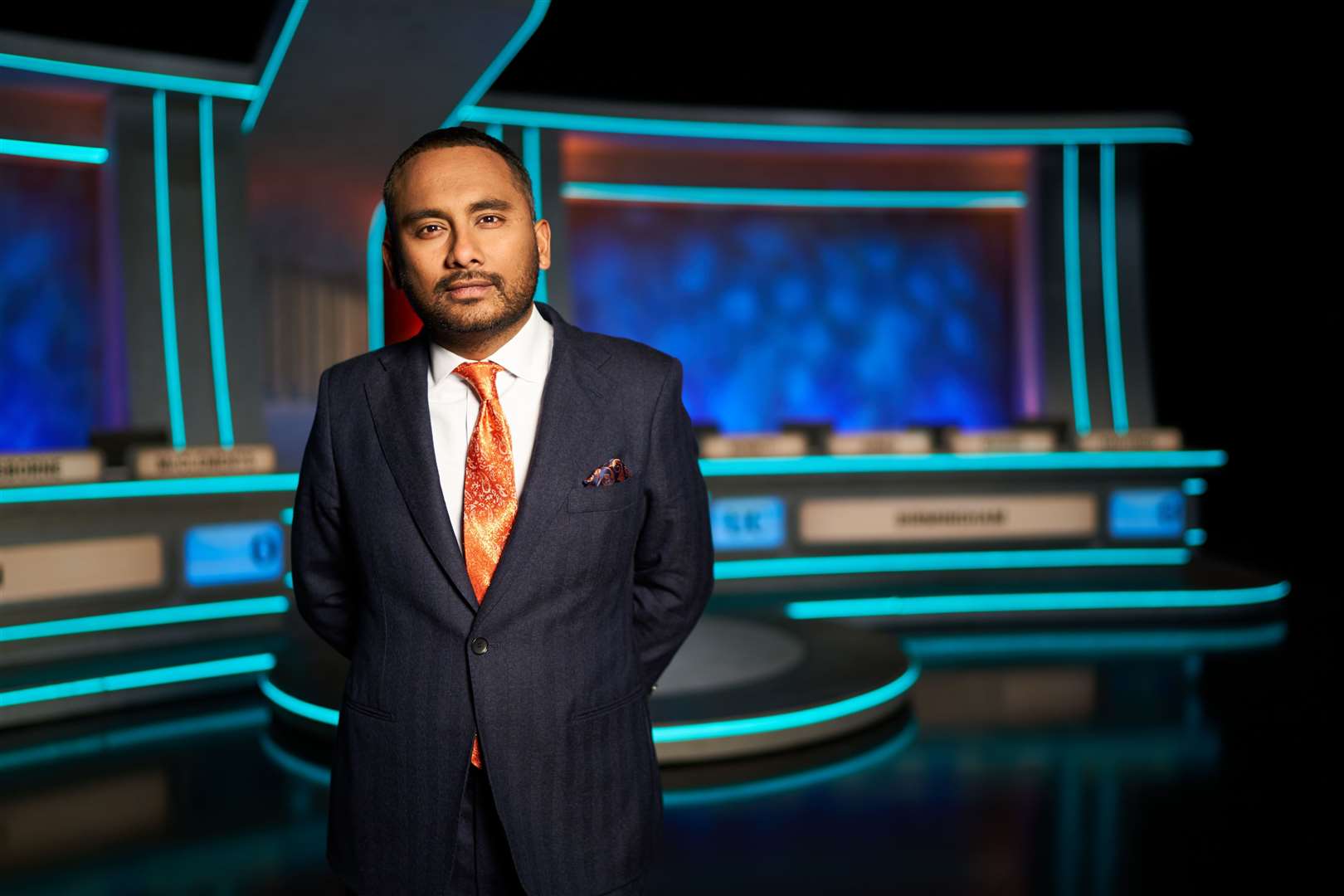 Quiz host Amol Rajan on the updated set of University Challenge (Ric Lowe/Lifted Entertainment/ITV Studios)