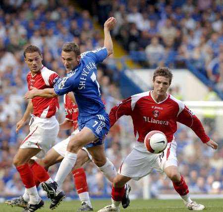 Andriy Shevchenko cuts between Charlton's Luke Young and Bryan Hughes at Stamford Bridge on Saturday. Picture by MATTHEW WALKER