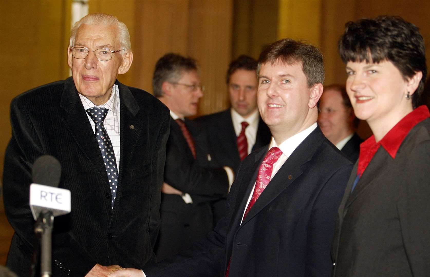 Sir Jeffrey Donaldson, centre, originally put his name forward to become leader after Arlene Foster, right, was ousted (Paul Faith/PA)