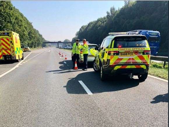 Emergency services were at a crash on the M2, junction 4 for Hoath Way, Gillingham. Pic: @kentpoliceroads