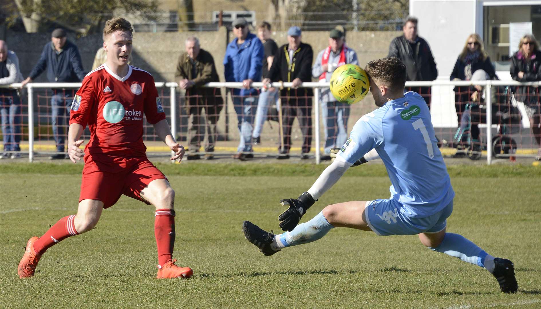 Hythe's on-loan striker Sid Sollis goes for goal Picture: Paul Amos