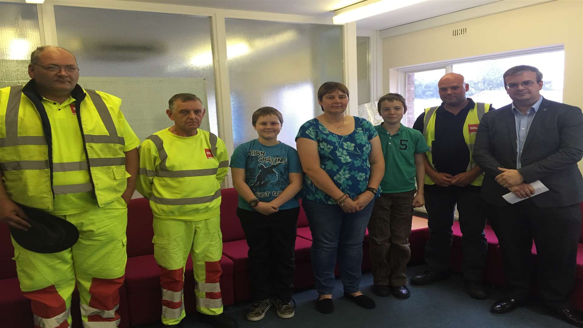 Left to right: Mark Harris and Norman Bowry who found Kipper, Ben Lewis, Amanda Lewis, Sam Lewis, Gary Sellings and Phil Bovis from Biffa