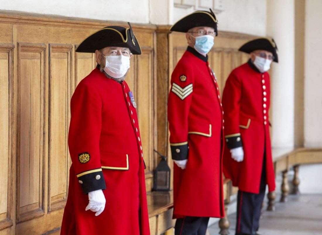 Chelsea Pensioners wore face masks during Camilla’s visit (Steve Reigate/Daily Express/PA)