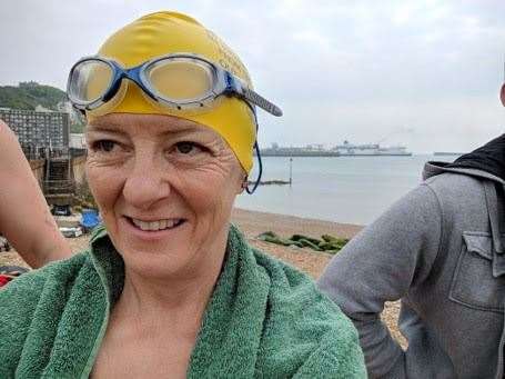 Mrs Gough at Dover on May 18 after finishing her qualifying swim. Picture: Suzanne Gough