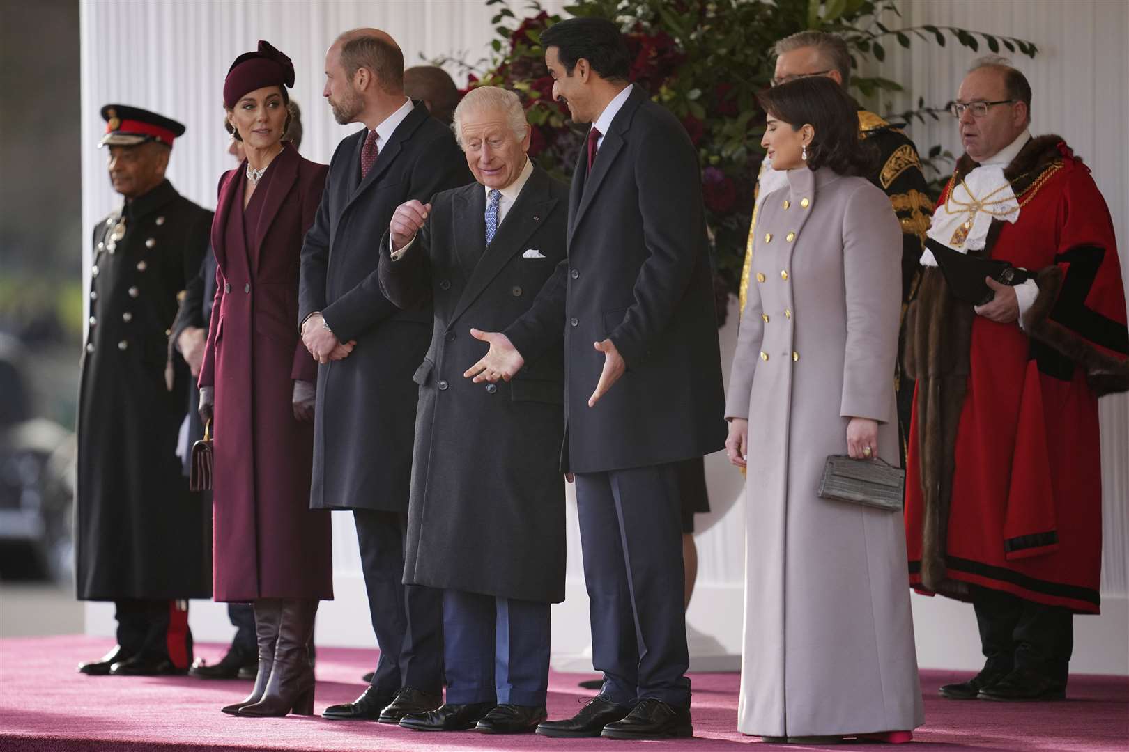 The Prince and Princess of Wales, the King, the Emir of Qatar Sheikh Tamim bin Hamad Al Thani and his wife Sheikha Jawaher during a ceremonial welcome at Horse Guards Parade (Kin Cheung/PA)