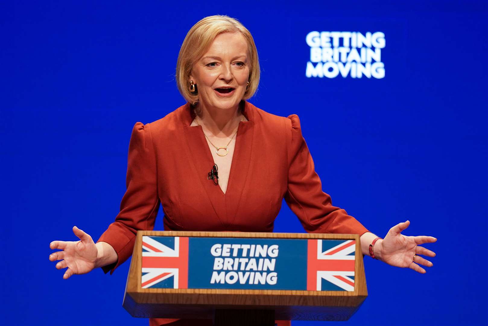 Prime Minister Liz Truss delivers her keynote speech at the Conservative Party conference (Jacob King/PA)