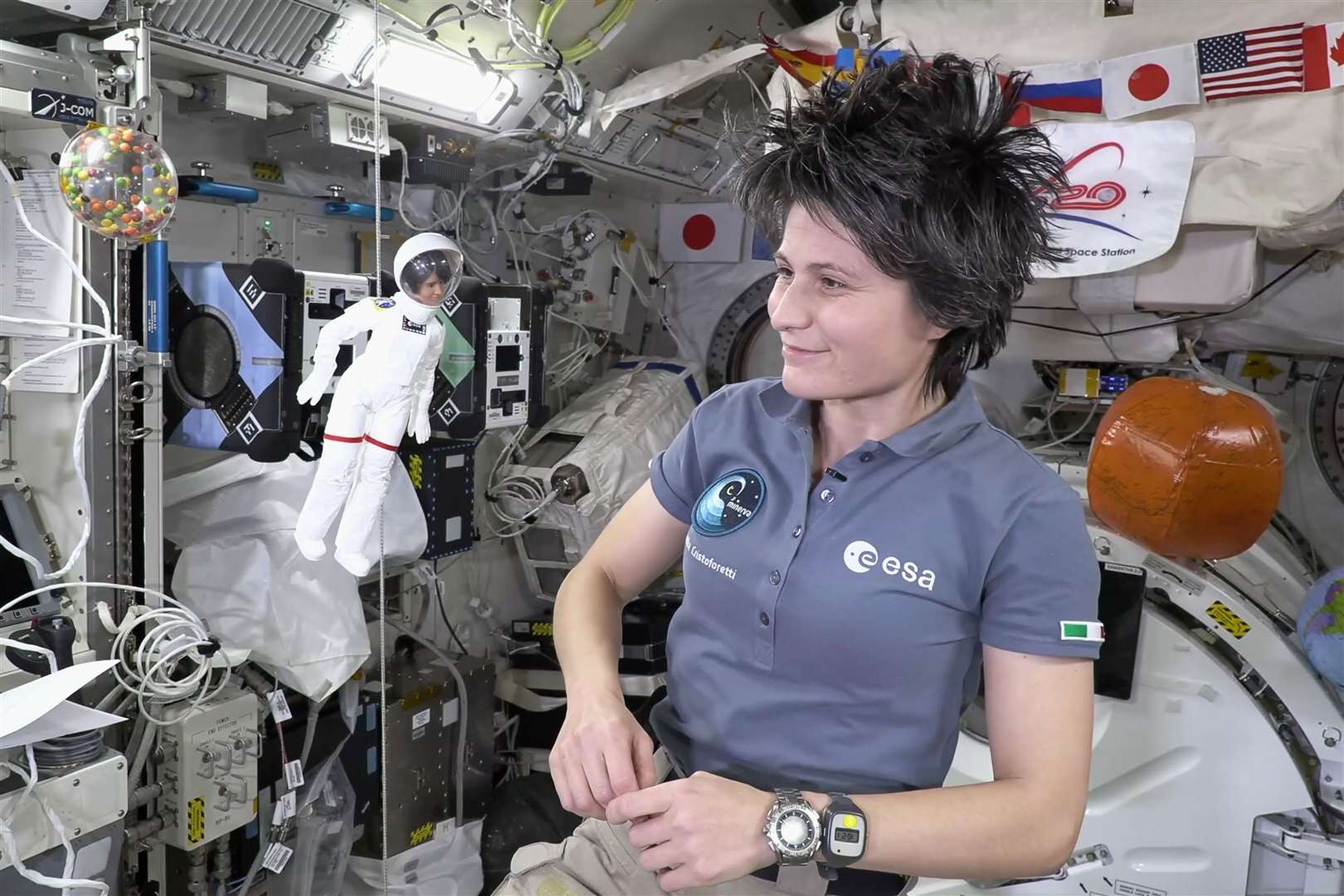 Europe’s first female commander of the ISS, ESA astronaut Samantha Cristoforetti, with her lookalike Barbie doll on the ISS (ESA)