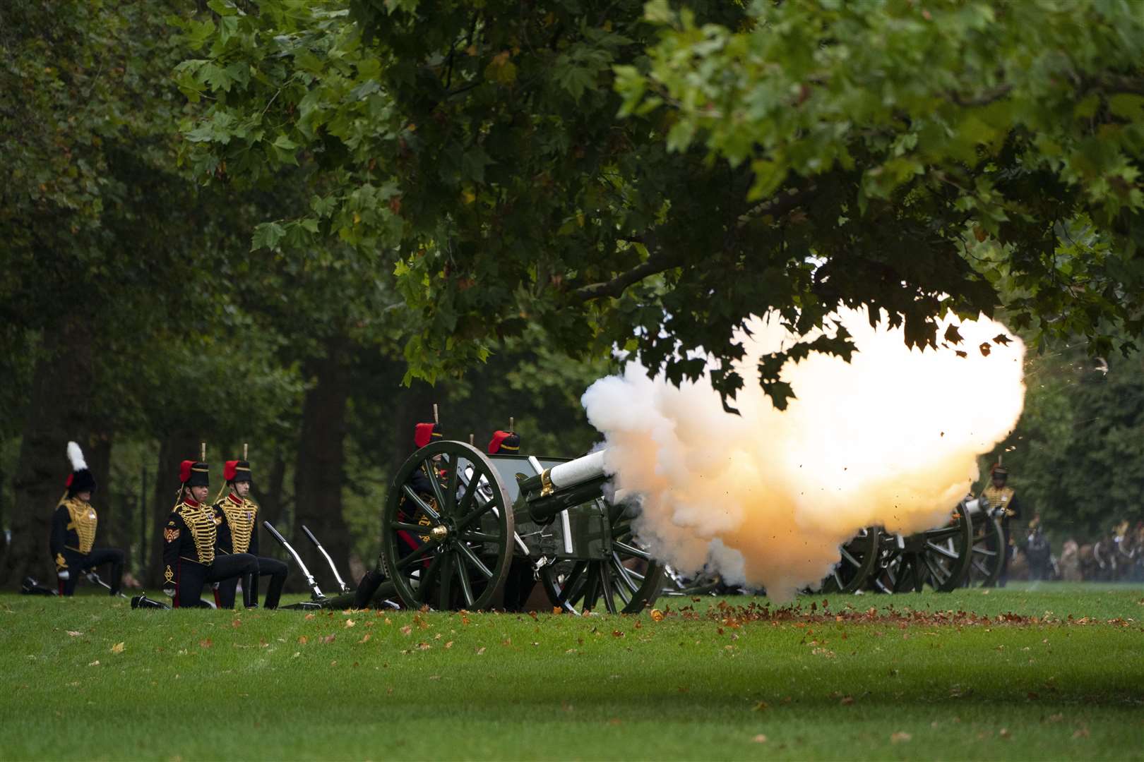 Members of The King’s Troop Royal Horse Artillery during the Gun Salute at London’s Hyde Park to mark the death of the Queen (Kirsty O’Connor/PA)