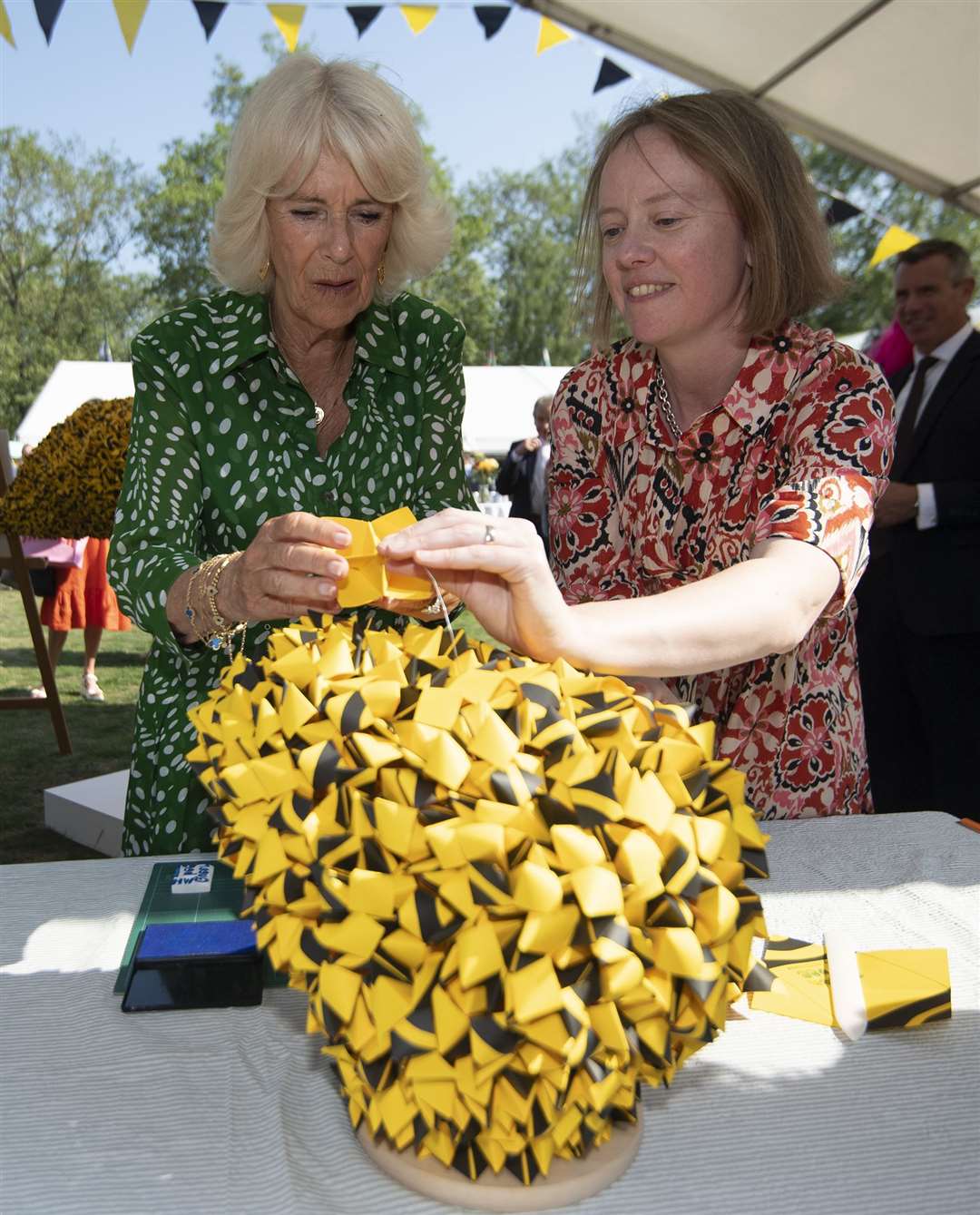 Camilla with artist Leonie Bradley (Eddie Mulholland/Daily Telegraph/PA)