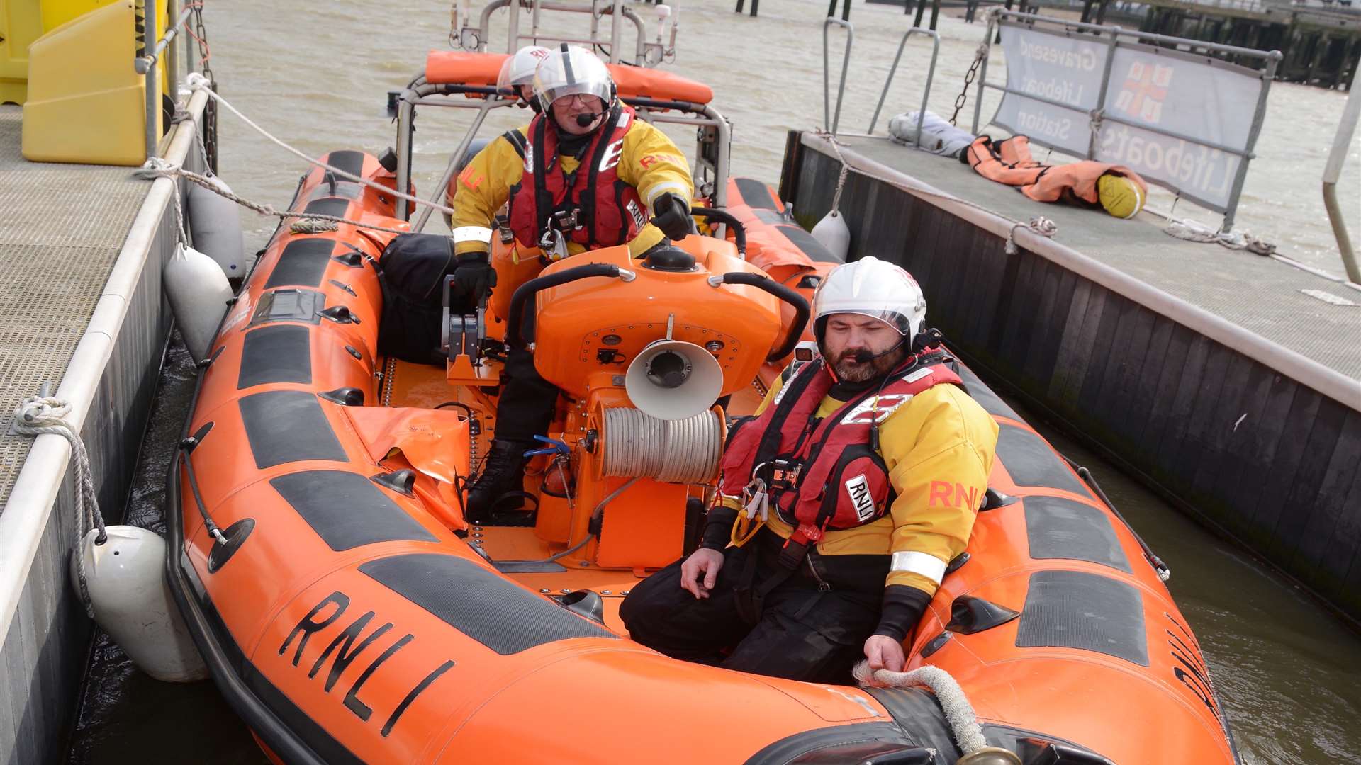 Volunteer crew members Stewart Challis, Helmsman Peter Birthright and Alan Carr