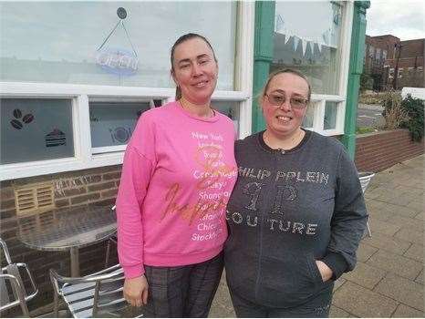 Olga Gosal and Olesia Kachan, outside the he Ukrainian hub at the Sunshine Café in Dover. Picture: Dover District Council