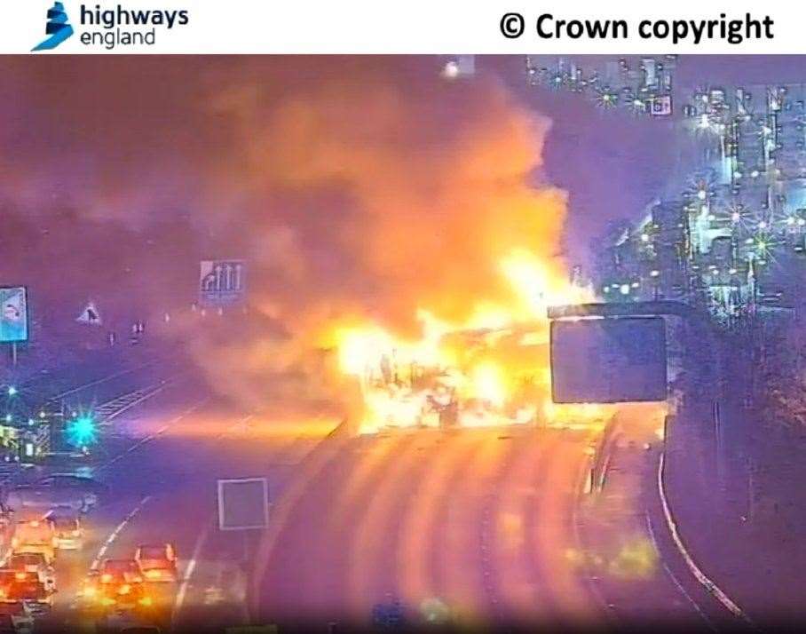 A heavy goods vehicle caught alight on the M25 at around 10pm.