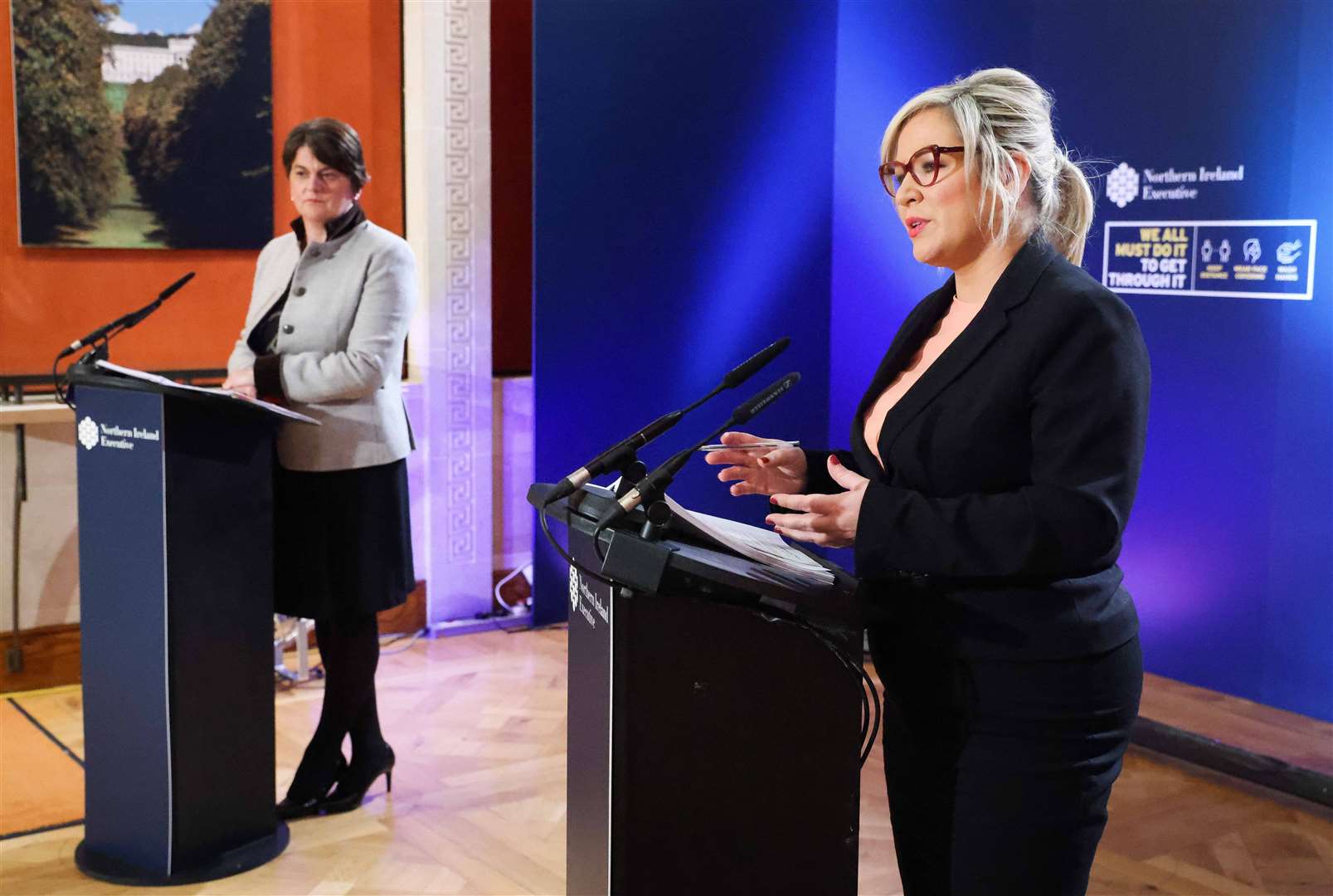 First Minister Arlene Foster, left, and Deputy First Minister Michelle O’Neill (Kelvin Boyes/Press Eye/PA)