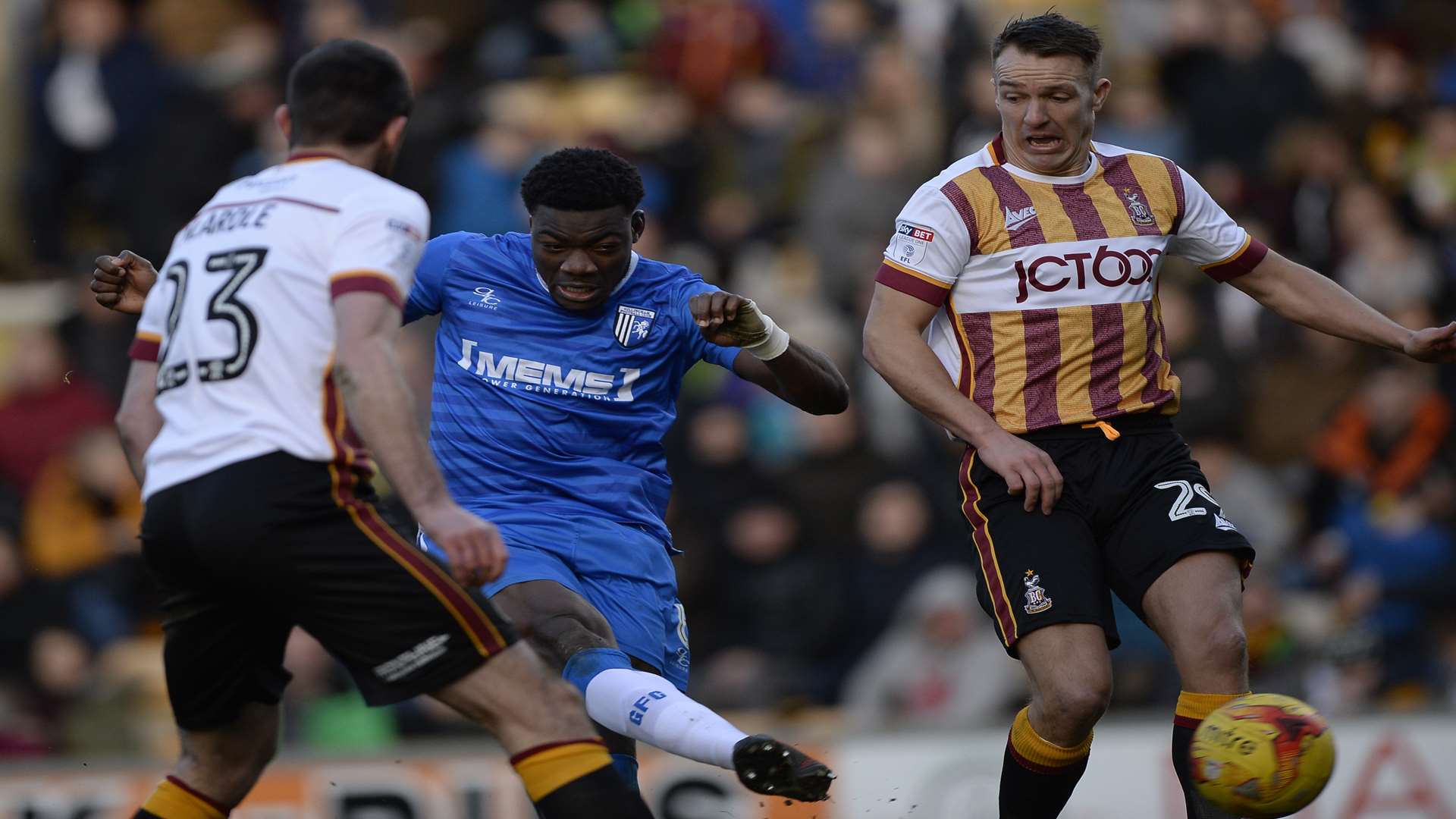 Deji Oshilaja makes it 2-2 at Bradford on Saturday Picture: Ady Kerry