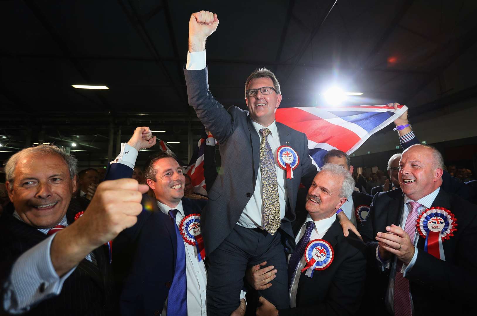 Sir Jeffrey Donaldson celebrates during the 2017 general election (Brian Lawless/PA)