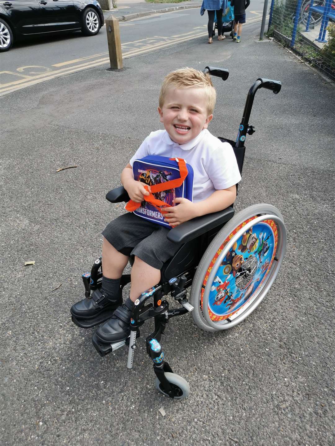 Digby Donnelly, five, in his new wheelchair