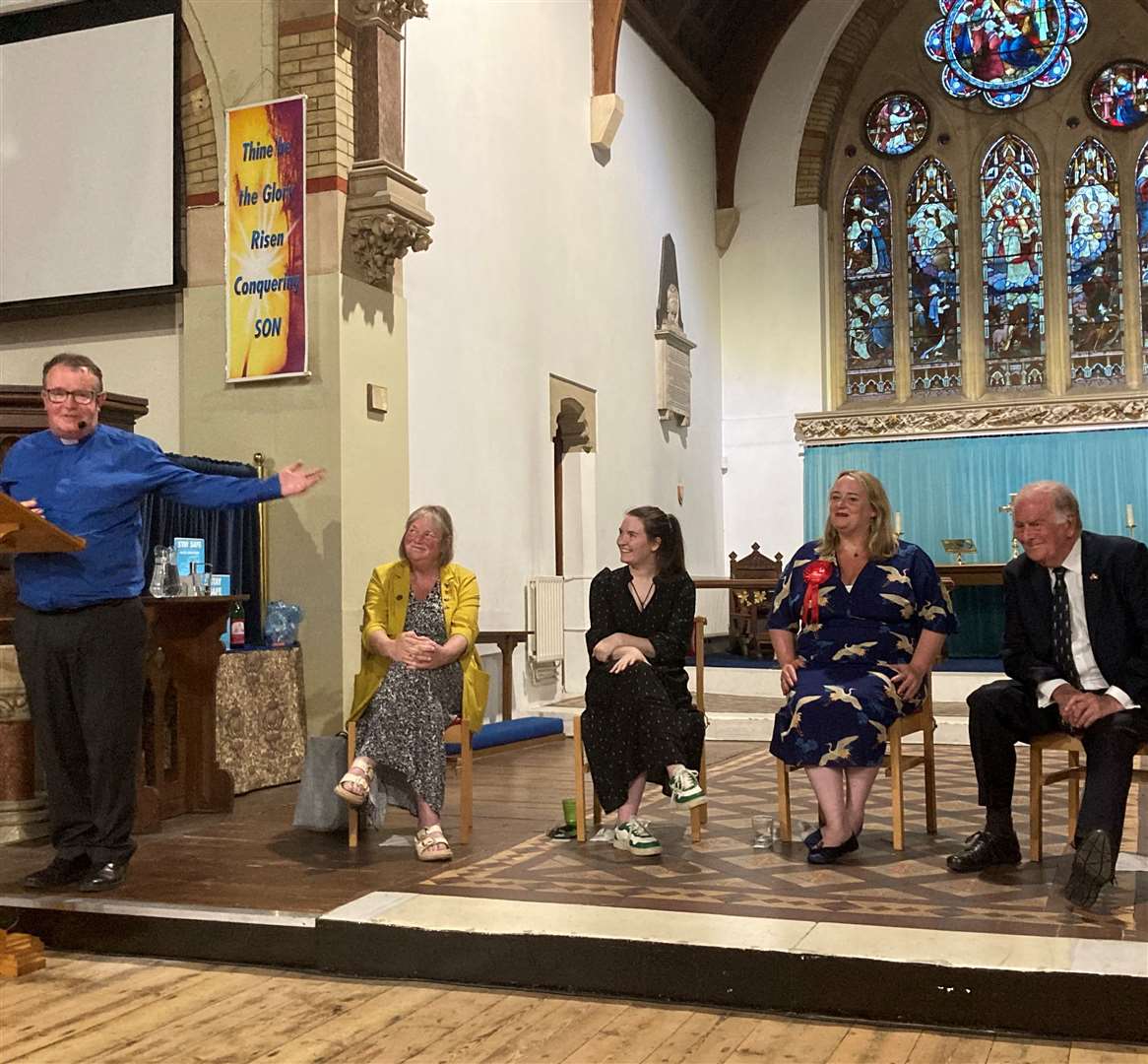 Vicar Anthony Everett chaired and hosted a recent hustings in Herne Bay, with election candidates taking part apart from Reform UK’s Amelia Randall. Pictured L-R are: Lib Democrat Angie Curwen, the Green Party’s Thea Barrett, Labour’s Helen Whitehead, and Conservative Sir Roger Gale