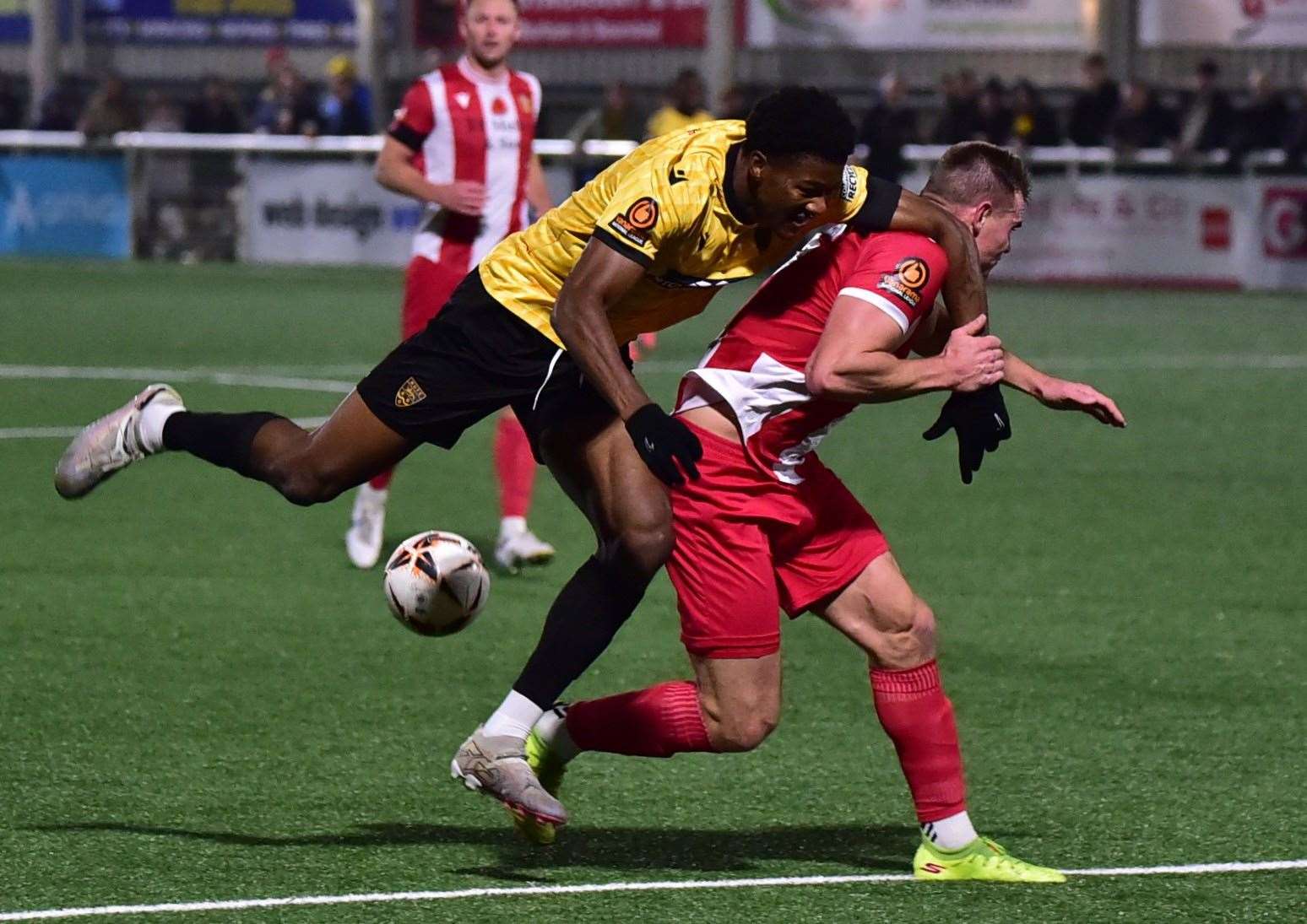 Maidstone substitute Harry Lodovica breaks into the Hornchurch box. Picture: Steve Terrell