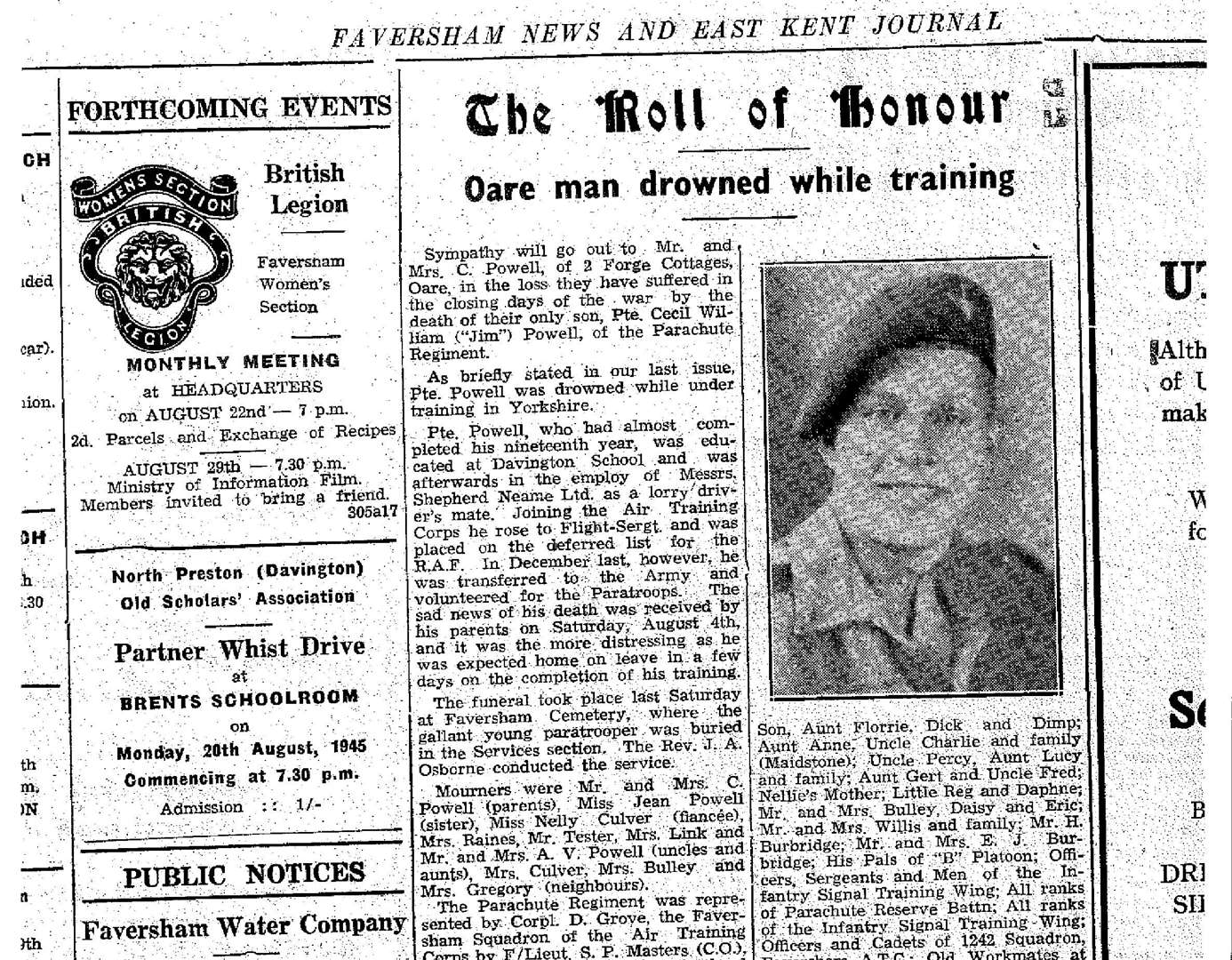 The News reported the death of Private Jim Powell - the last Faversham fatality of the Second World War
