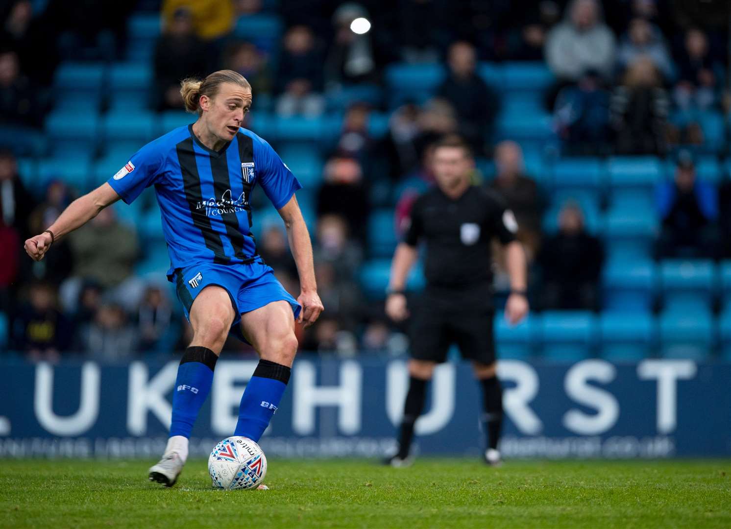 Tom Eaves's penalty is saved but he went onto score two for Gillingham against Bradford City Picture: Ady Kerry