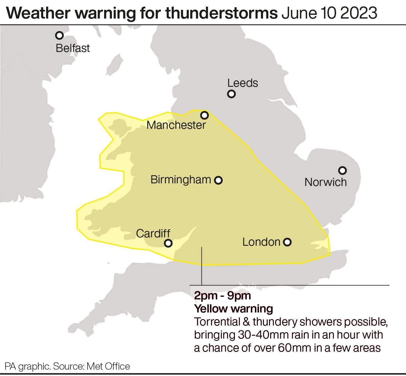 Weather warning for thunderstorms June 10 2023. See story WEATHER Thunder. Infographic PA Graphics. An editable version of this graphic is available if required. Please contact graphics@pamediagroup.com.