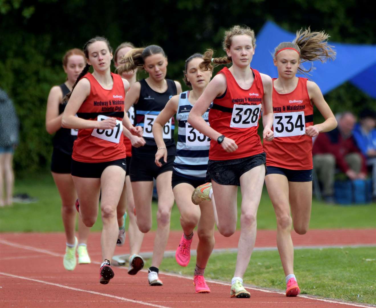 No.331 Abigail Hawkes, No.334 Amber Matthews and No.328 Iris Crossley of Medway and Maidstone taking part in the under-17 women’s 800m. Picture: Barry Goodwin
