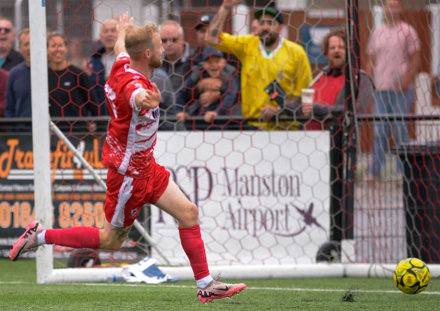 Alfie Paxman scores his second and Ramsgate’s third during their 3-1 FA Cup first qualifying round win at home to Folkestone on Saturday. Picture: Stuart Watson