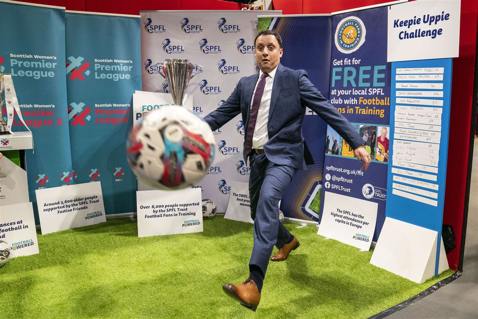 Scottish Labour leader Anas Sarwar has a go at the keepie-up challenge at the party’s conference in Glasgow (Jane Barlow/PA)