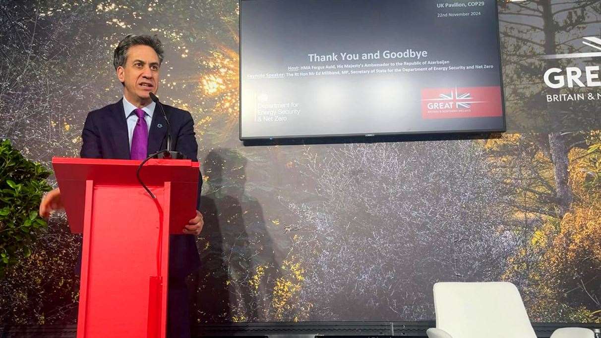 Ed Miliband speaks during the UK pavilion closing event at the Cop29 climate summit in Baku, Azerbaijan (Rebecca Speare-Cole/PA)