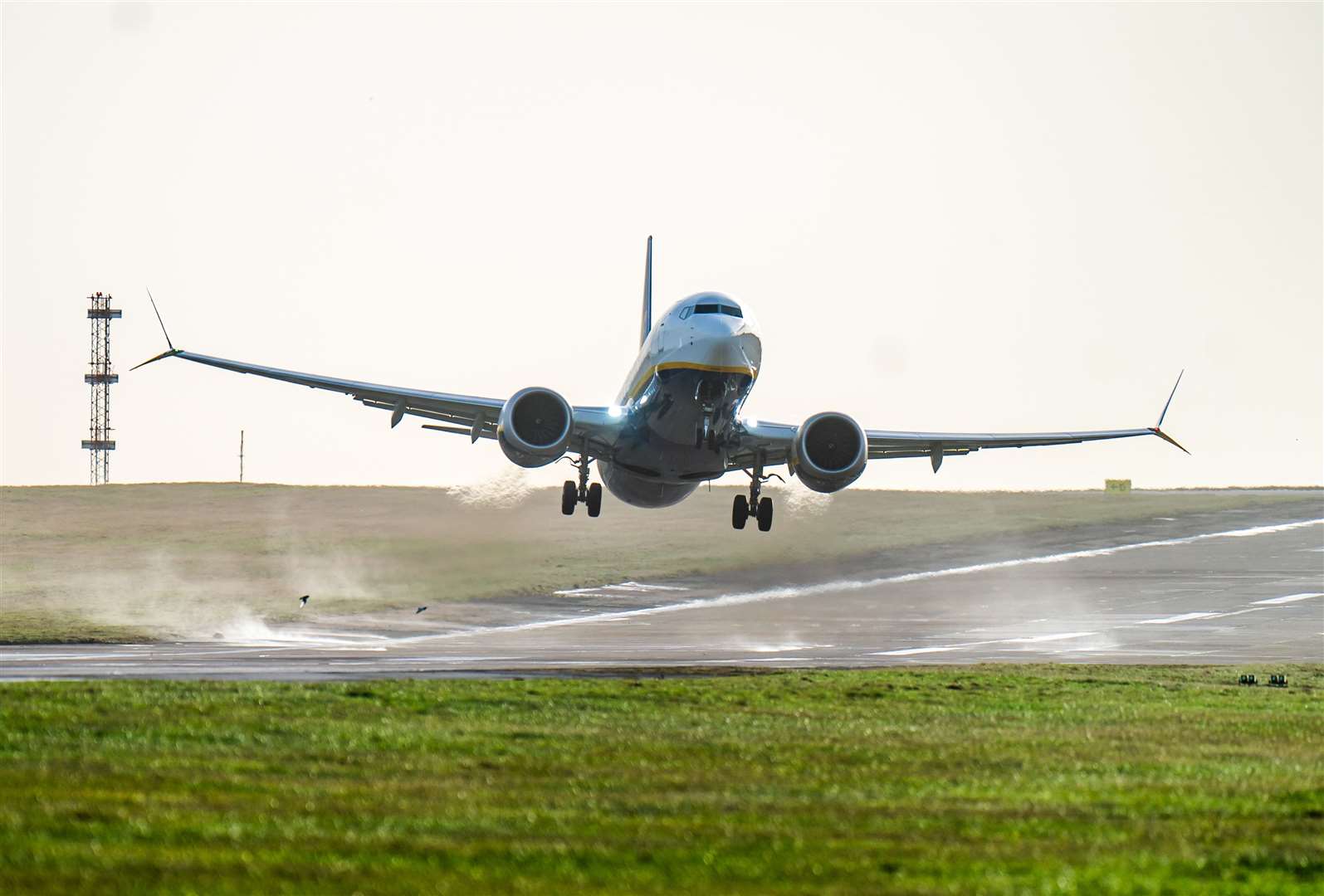 A Ryanair plane takes off from Leeds Bradford airport during high winds caused by Storm Jocelyn (Danny Lawson/PA)