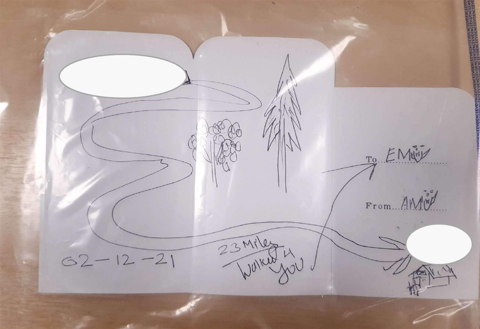 A map Amrit Magar drew to show the 23 miles he walked from his home to meet tennis star Emma Raducanu (Crown Prosecution Service/PA)