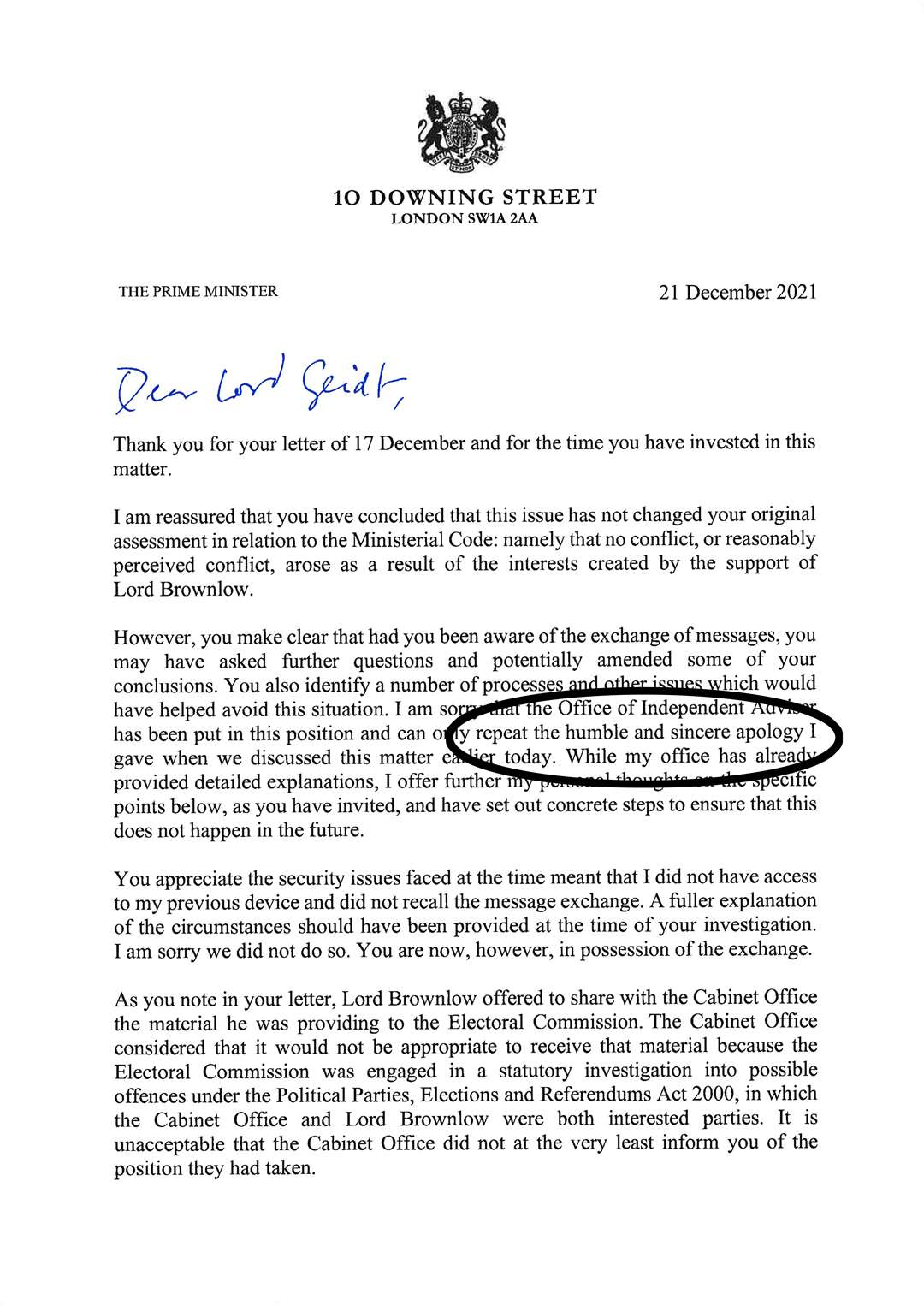 A page of the letter from the Prime Minister offering a ‘humble and sincere apology’ to Lord Geidt (Downing Street/PA)