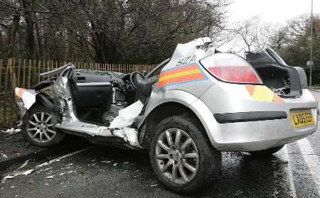 Firefighters had to free PC Nina Whitehead from the patrol car. Picture: JAMIE GRAY